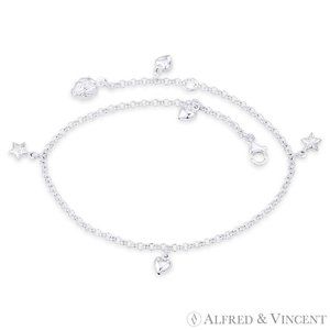 Heart, Star, & Ladybug & 2.3mm Rolo Chain Charm Anklet in .925 Sterling Silver